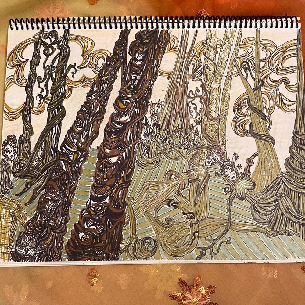 Unframed Original Art Drawing Illustration Fantasy Forest in metallic & Black